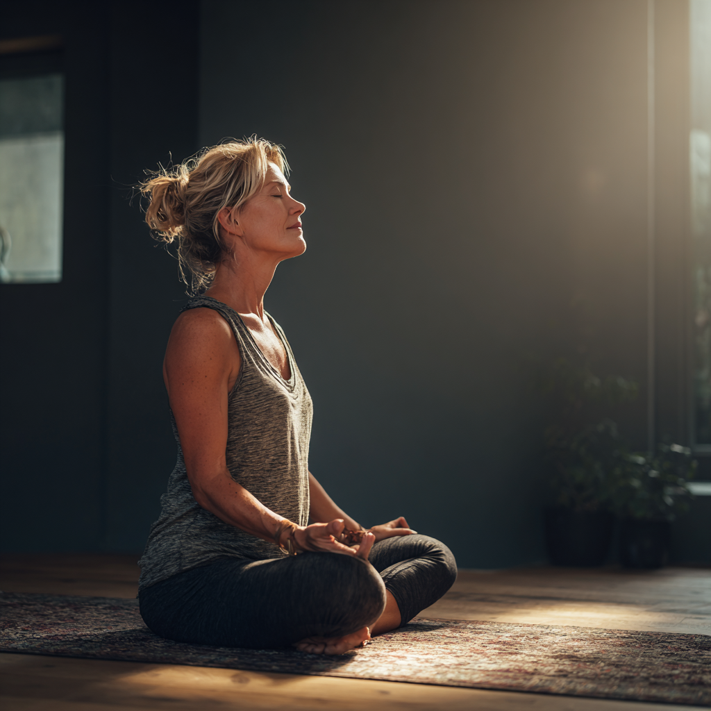 middle-aged woman practicing yoga in calm studio environment