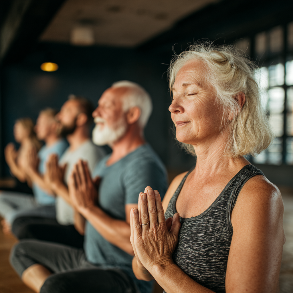 older adults in yoga class focusing on mindful movement